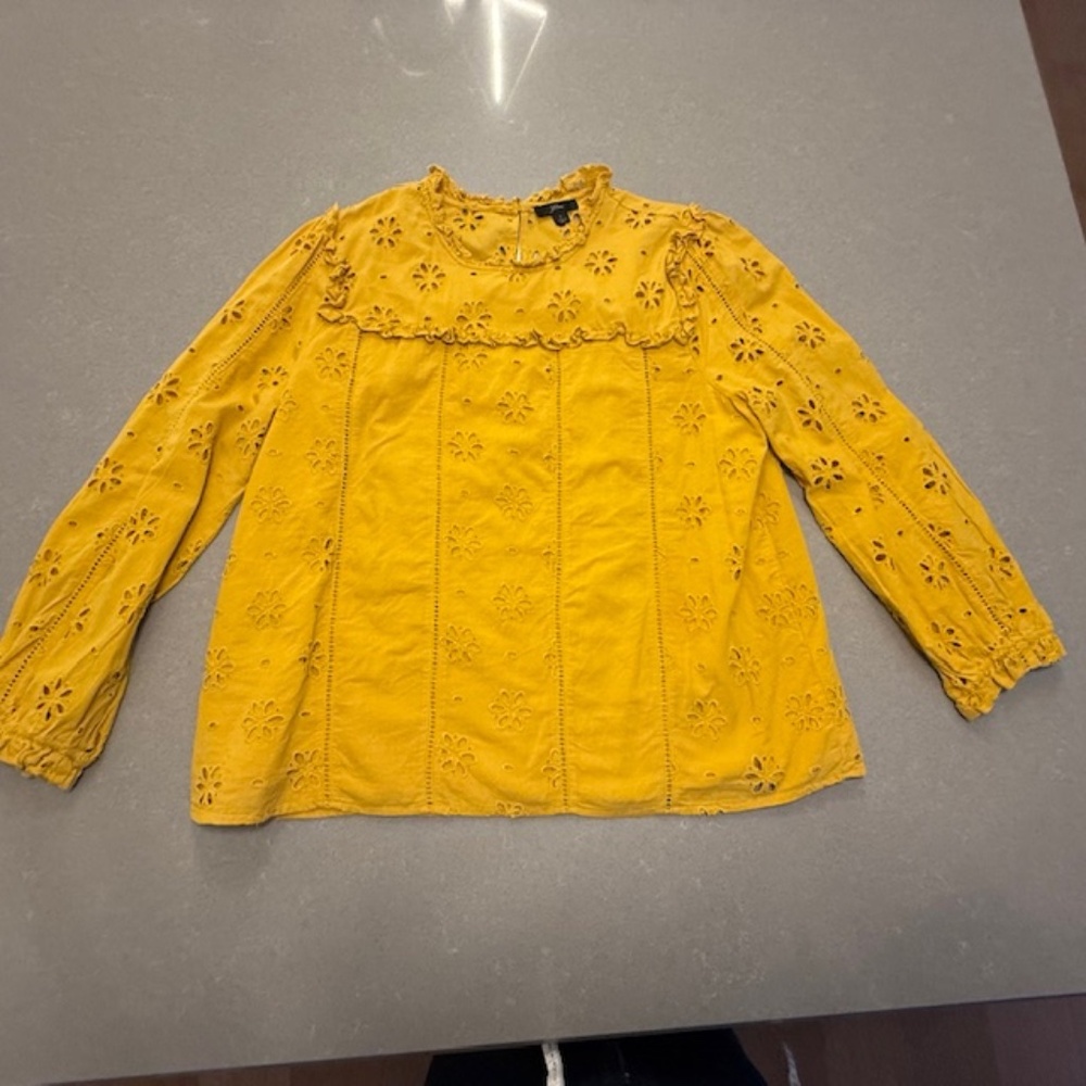 J. Crew Ruffle Neck Eyelet Blouse Women’s Size L Large Mustard Yellow Preppy EUC